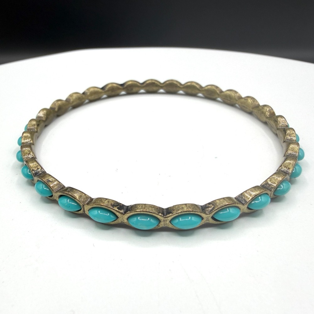 Vintage Style Turquoise & Brass Tone Cabochon Bangle Bracelet Boho Southwestern